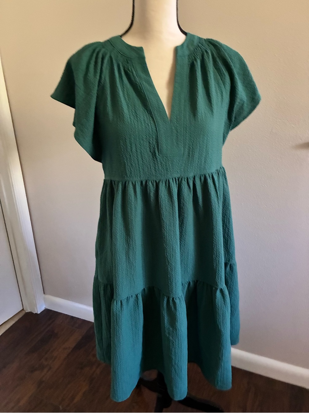 Calvin Klein Emerald Green Tiered V-Neck Midi Dress